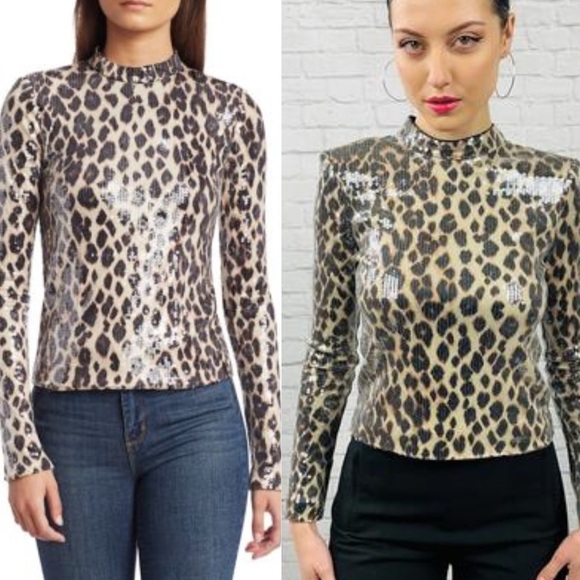 A.L.C. Marshall Sequin Leopard Print Long Sleeve Top Cropped Y2K Glam - Picture 8 of 8